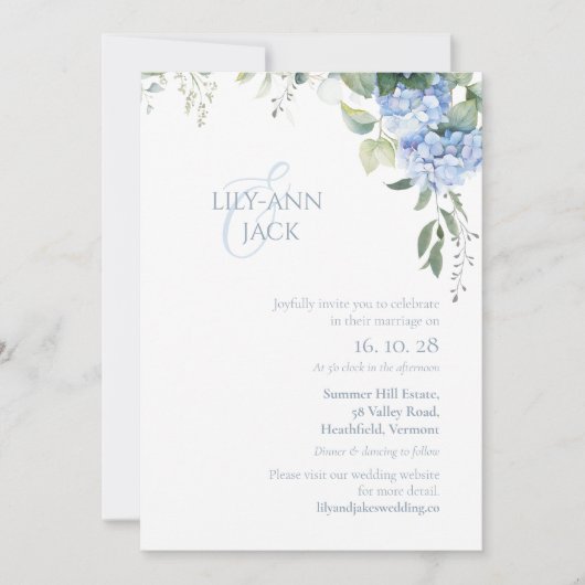 Geen foto Hydrangea bruiloft uitnodiging Flat Kaar (Voorkant)