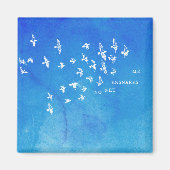 "Geen net verstrikt me" + vogels (wit op blauw) Magneet (Voorkant)