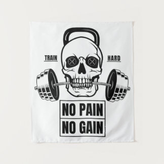 Geen pijn Geen pijn Barbell en schedel Wandkleed
