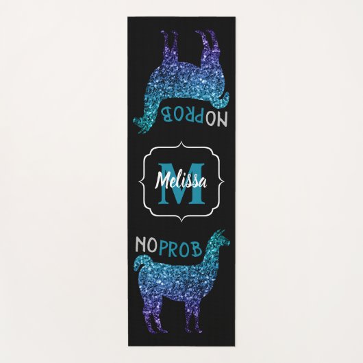 Geen Prob Llama Aqua blue ombre Sparkles Monogram Yogamat (Voorkant)