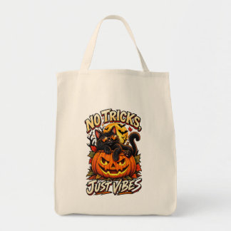 Geen Trucs Alleen Vibes Halloween Zwarte Kat Pompo Tote Bag
