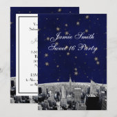 Geëtst NYC Skyline 2 Blauw Gouden Ster Sweet 16 V Kaart (Voorkant / Achterkant)