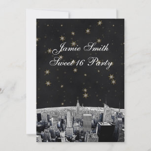 Geëtst NYC Skyline 2 Zwart Gouden Ster Sweet 16 V Kaart