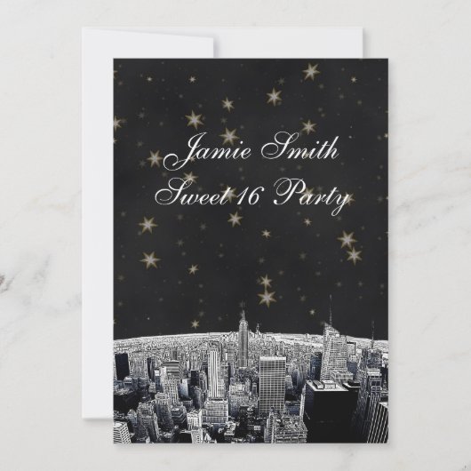 Geëtst NYC Skyline 2 Zwart Gouden Ster Sweet 16 V Kaart (Voorkant)