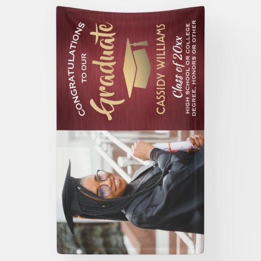 Gefeliciteerd 1 Foto Burgundy Red en Gold Afstuder Spandoek (Verticaal)