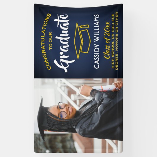 Gefeliciteerd 1 Foto marineblauw goudgeel Afstuder Spandoek (Verticaal)