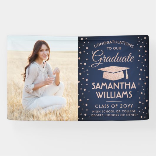 Gefeliciteerd 1 Photo Navy Blue Pink Glitter Afstu Spandoek (Horizontaal)