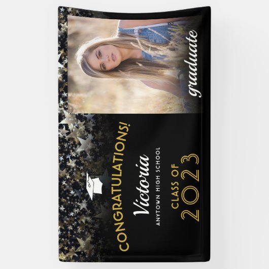 Gefeliciteerd, 2023 Afstuderen foto van zwart en g Spandoek (Verticaal)