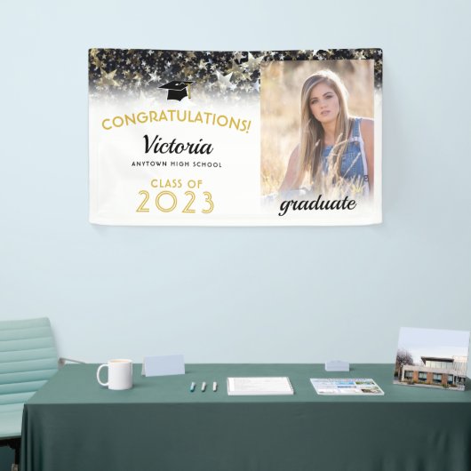 Gefeliciteerd, 2023 Afstuderen Gold en White Photo Spandoek (Beurs)