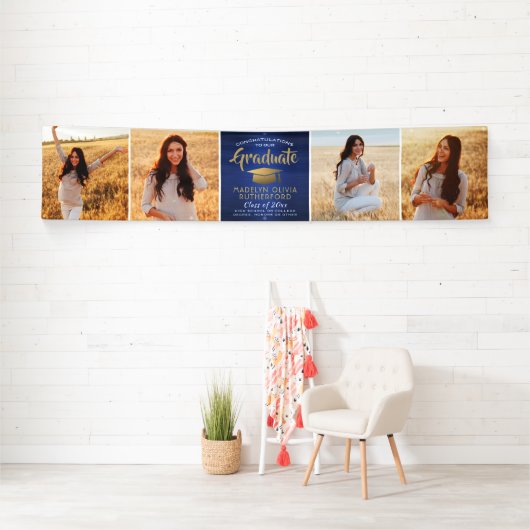 Gefeliciteerd 4 Foto Blue Gold WhiteGraduation Spandoek (Insitu)