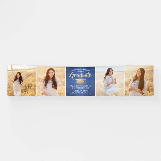 Gefeliciteerd 4 Foto Blue Gold WhiteGraduation Spandoek (Horizontaal)