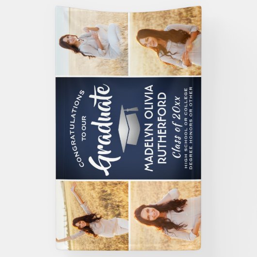 Gefeliciteerd 4 Foto Navy Blue Silver Afstuderen Spandoek (Verticaal)