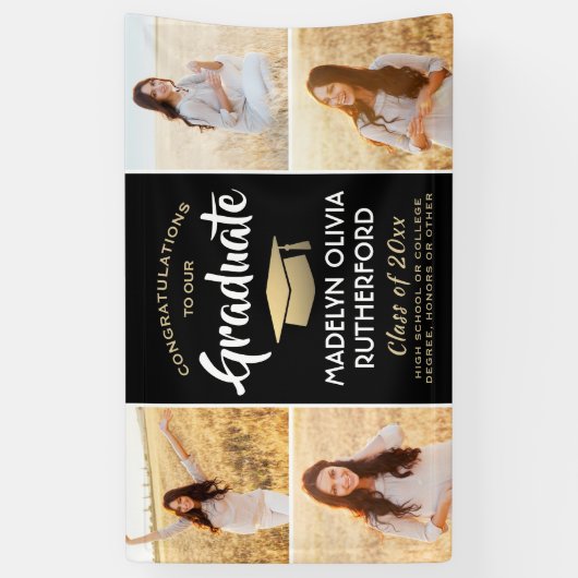 Gefeliciteerd 4 Photo Black Gold en White Afstuder Spandoek (Verticaal)