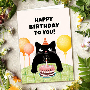 Gefeliciteerd aan jou met zwarte kitten en cake kaart
