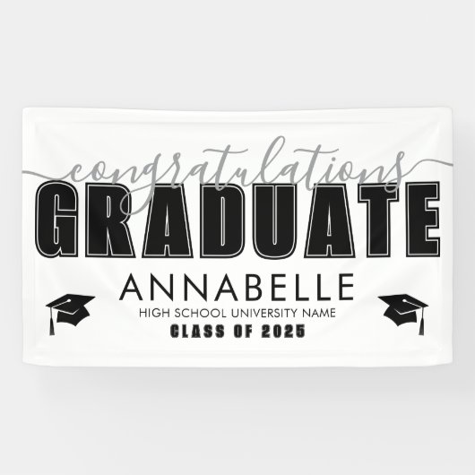 Gefeliciteerd Afstudeerder Black White Graduation Spandoek (Horizontaal)