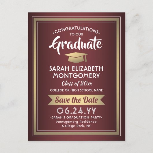 Gefeliciteerd Afstudeerder Bourgogne & Gold Save t Aankondigingskaart (Voorkant)