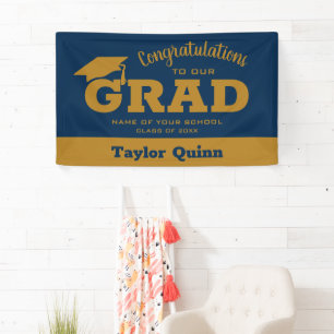 Gefeliciteerd Afstudeerder Navy Blue en Gold Spandoek