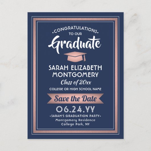 Gefeliciteerd Afstudeerder Navy Blue & Pink Save t Aankondigingskaart (Voorkant)