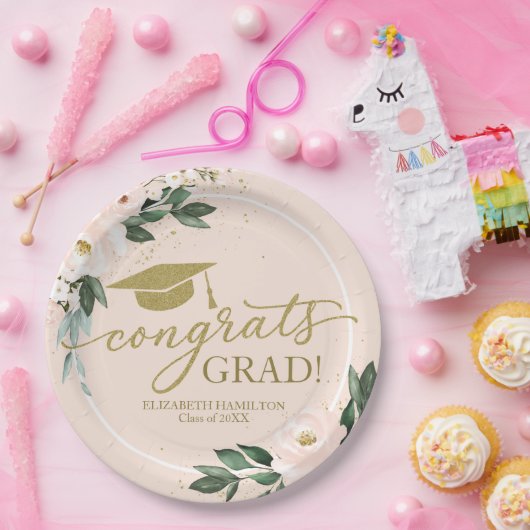 Gefeliciteerd Afstudeerder Pink Blush Bloemen Grad Papieren Bordje (Feest)