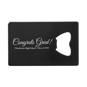 Gefeliciteerd afstudeerder zwart aangepaste script kredietkaart flessenopener