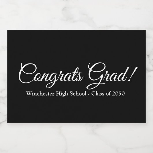 Gefeliciteerd afstudeerder zwart aangepaste script voedselcontainer etiket (Enkel label)