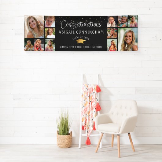Gefeliciteerd Afstuderen 12 foto Collage Black Spandoek (Insitu)