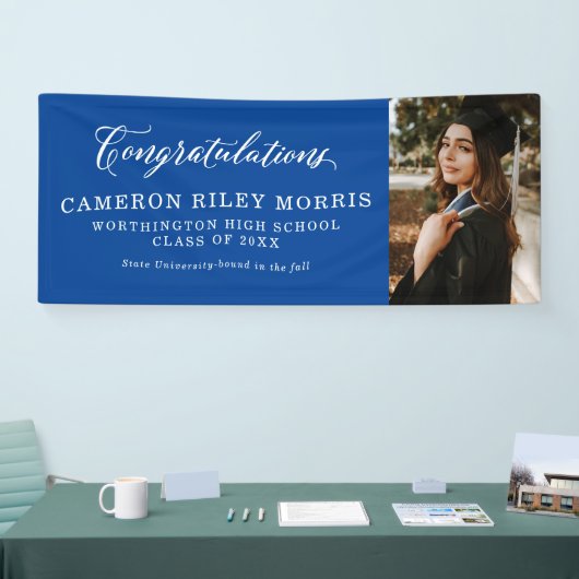 Gefeliciteerd afstuderen blauw afstuderen foto spandoek (Beurs)