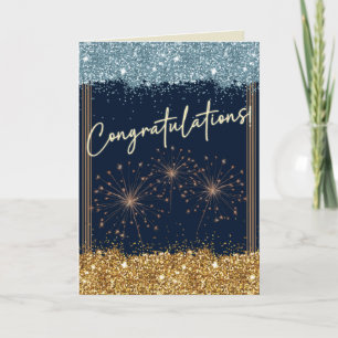 Gefeliciteerd Afstuderen Blue en Gold Sparkle Kaart