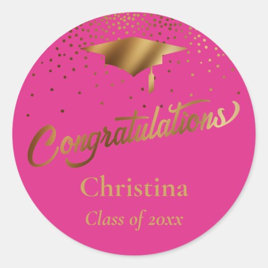 Gefeliciteerd Afstuderen, Class of Gold op Pink Ronde Sticker (Voorkant)