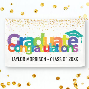 Gefeliciteerd Afstuderen Fun Colorful Gold Glitter Spandoek