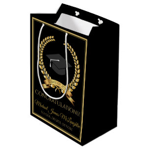Gefeliciteerd Afstuderen Gift Bag Gold op zwart Medium Cadeauzakje