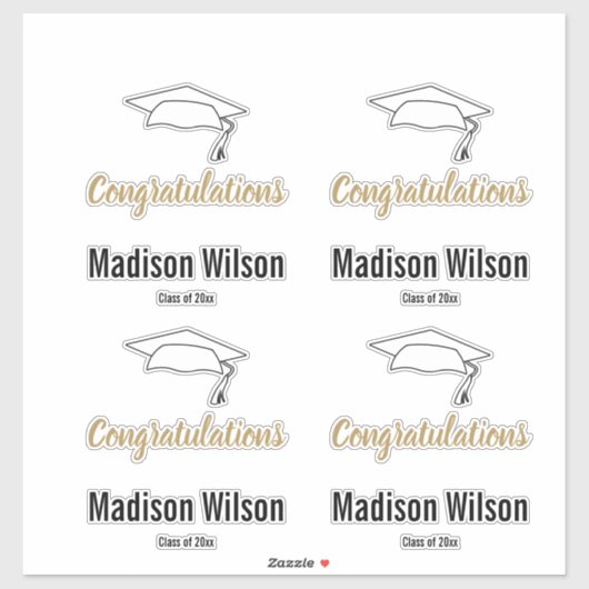 Gefeliciteerd Afstuderen Naam Zwart Wit en Goud Sticker (Vel)