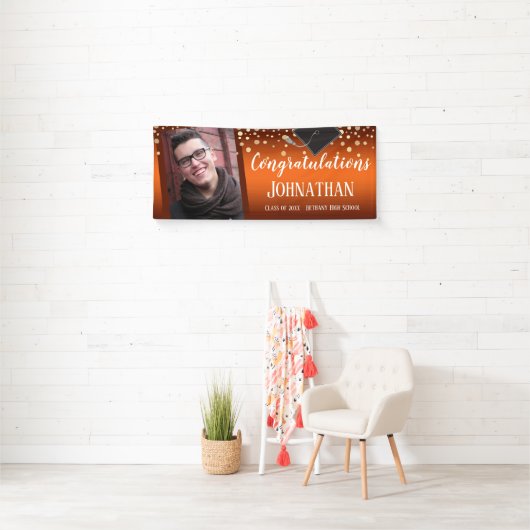 Gefeliciteerd Afstuderen Oranje Confetti Foto Spandoek (Insitu)