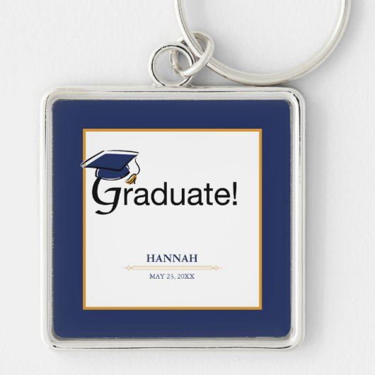 Gefeliciteerd Afstuderen, Pet, Tassel, Blue, Gold Sleutelhanger (Voorkant)