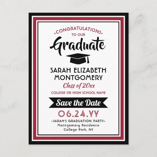 Gefeliciteerd Afstuderen Rood & Wit Save the Date  Aankondigingskaart (Voorkant)