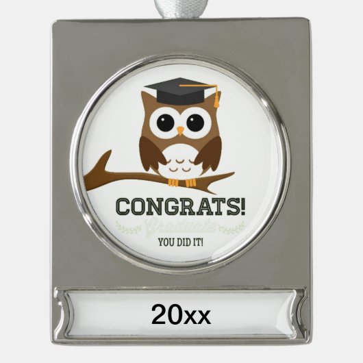 Gefeliciteerd Afstuderen Uil Verzilverd Banner Ornament (Voorkant)