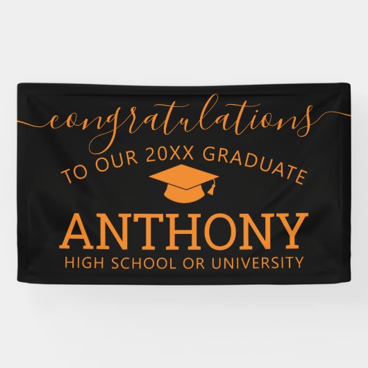 Gefeliciteerd Afstuderen zwart oranje pet virtueel Spandoek (Horizontaal)