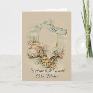 Gefeliciteerd Baby Boy Girl in Basket Flowers Kaart