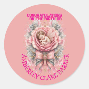 Gefeliciteerd Baby Fee meisje Roze Roos Geboorte  Ronde Sticker