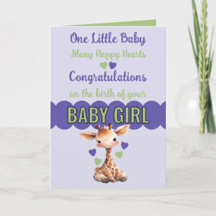 Gefeliciteerd baby meisje leuke giraffe paarse kaart