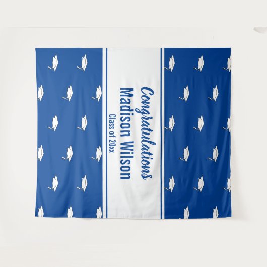 Gefeliciteerd Blauw en Wit Namensdiploma Wandkleed (Voorkant (horizontaal))