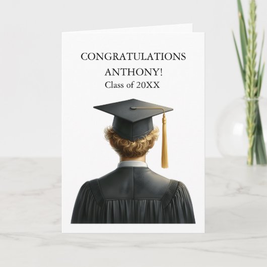 Gefeliciteerd Blonde Man Afstuderen in Black Gown Bedankkaart (Voorkant)