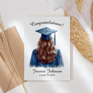 Gefeliciteerd Brunette Vrouw Afstuderen in Blauw Bedankkaart