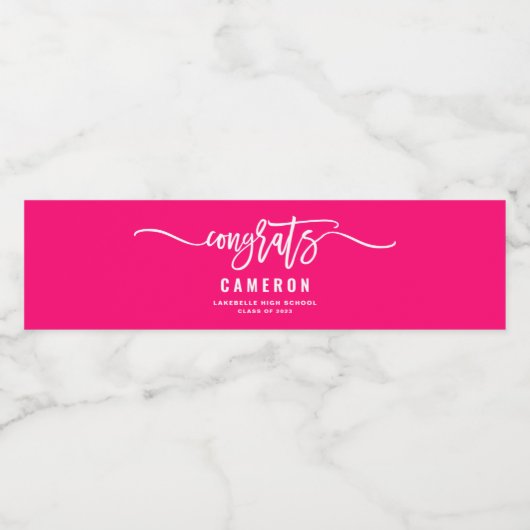 Gefeliciteerd Calligrafie Hot-Roze Afstuderen Waterfles Etiket (Enkel label)