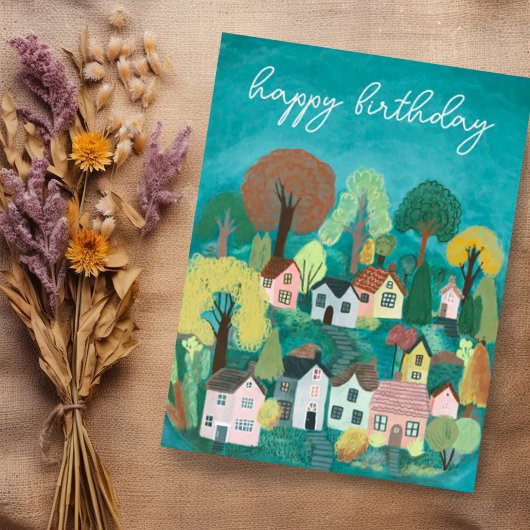 GEFELICITEERD Cute Country Village Illustratie Briefkaart