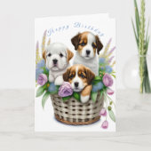 Gefeliciteerd Cute Puppies in Bloemenmand Kaart (Voorkant)