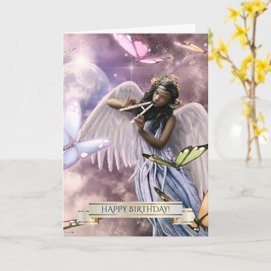 Gefeliciteerd. Engel met vlinders Kaart (Gele Bloem)