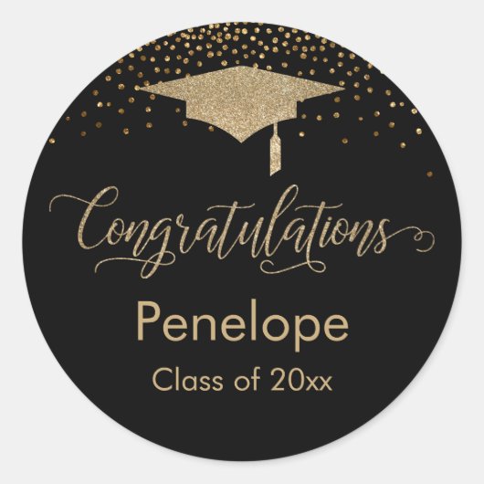 Gefeliciteerd Gold Confetti Afstuderen Black Ronde Sticker (Voorkant)