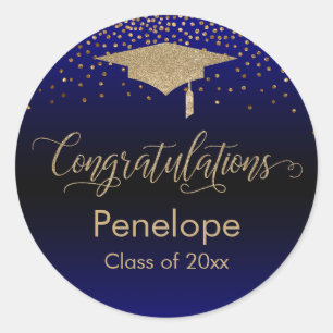 Gefeliciteerd Gold Confetti Afstuderen Blue Ronde Sticker