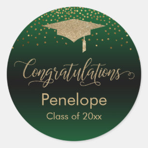 Gefeliciteerd Gold Confetti Afstuderen Green Ronde Sticker